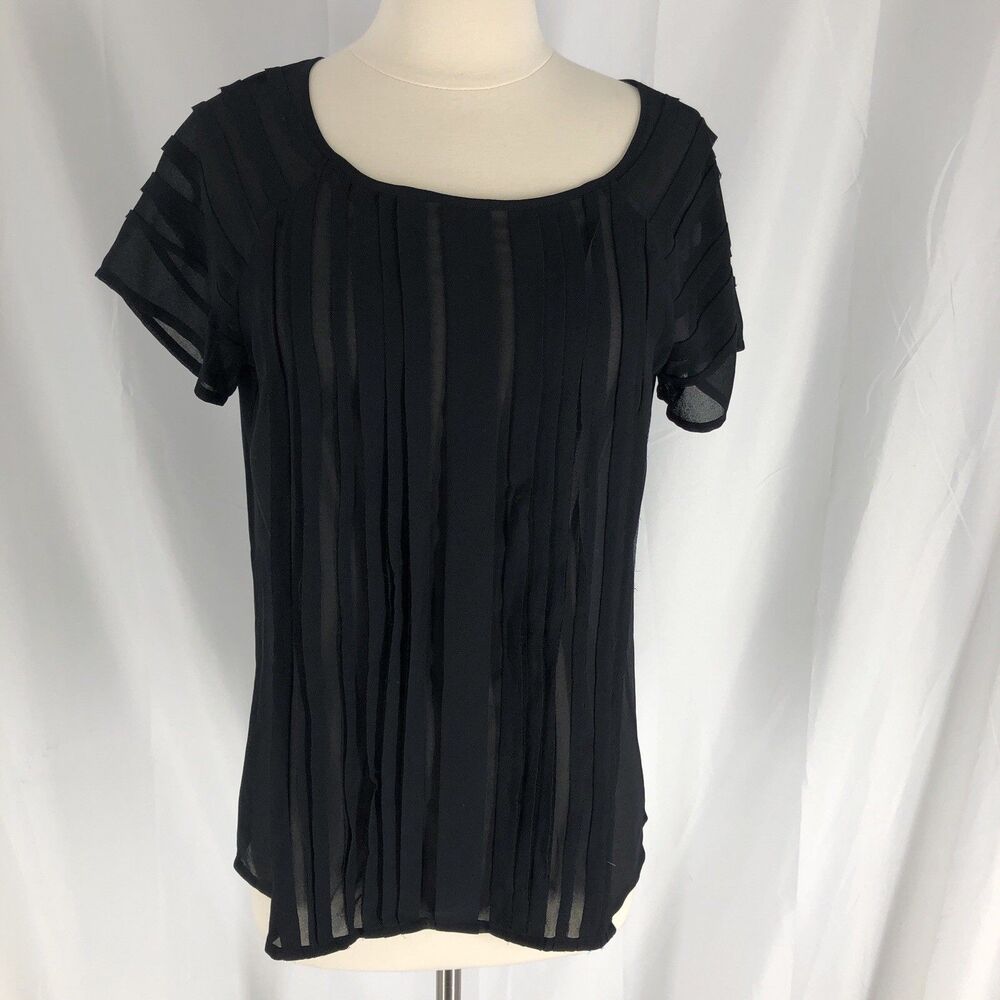 Ann Taylor Sheer Blouse Womens Small Pleated Short Sleeve Black Round Neck